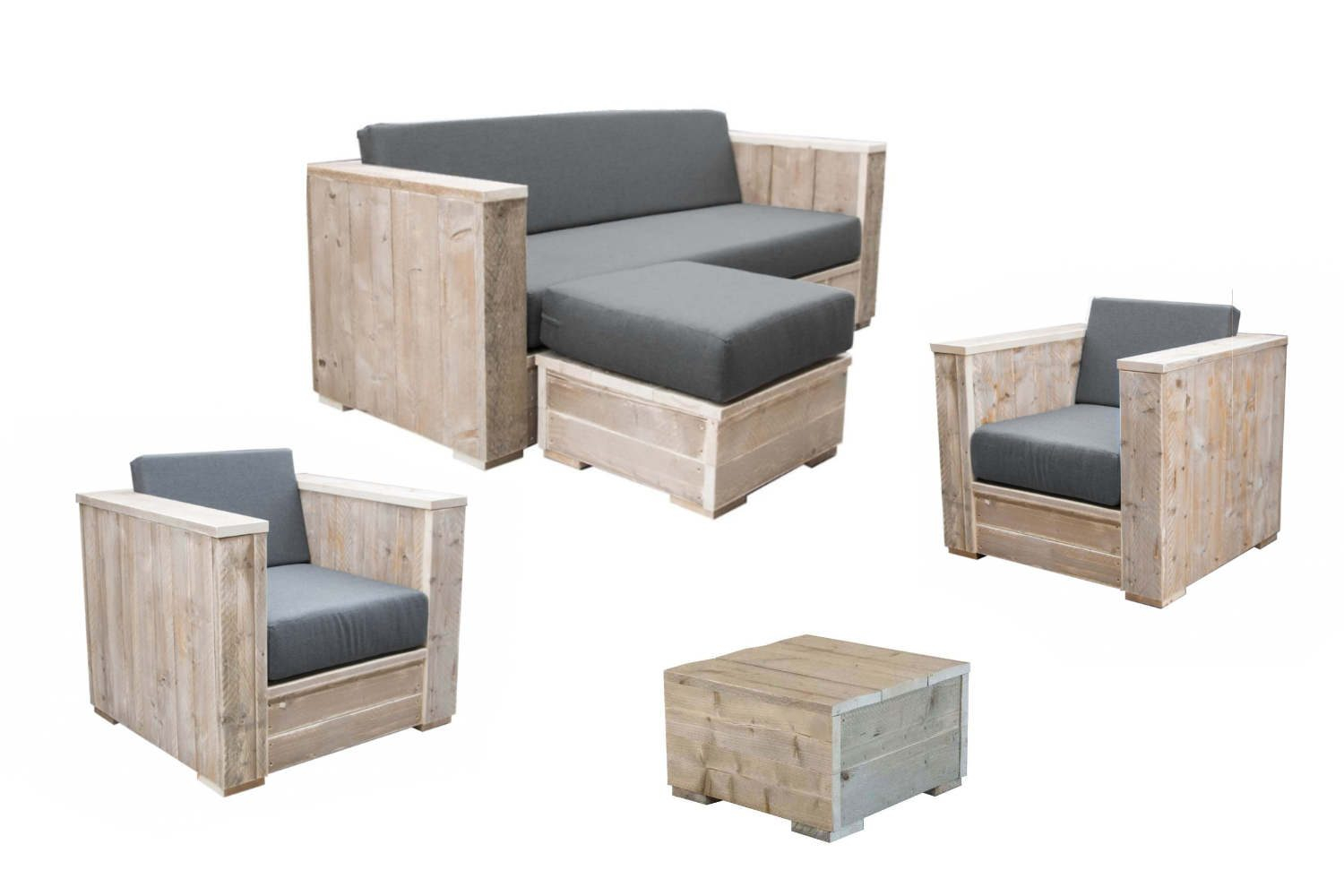 maak je geïrriteerd Architectuur Overname Complete steigerhouten loungeset met bank, stoelen en salontafels Siena